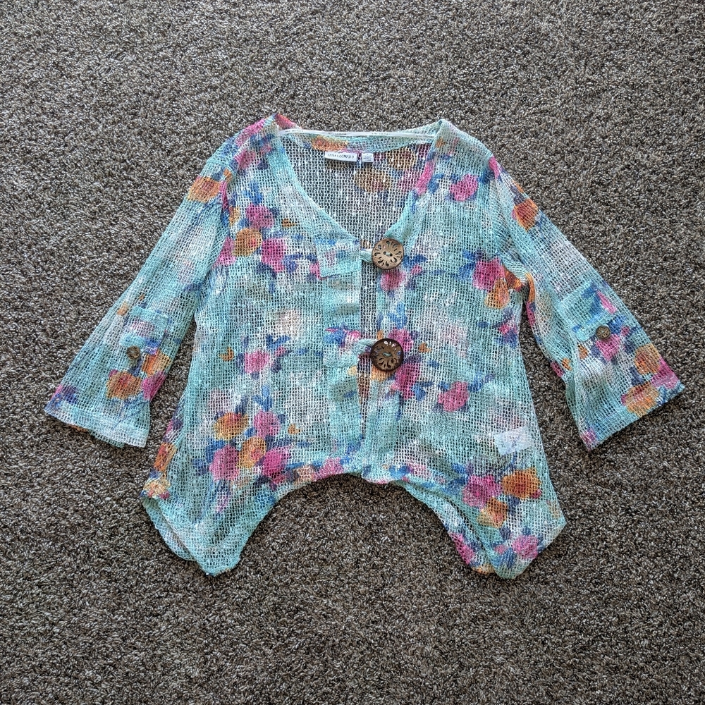 Nina Leonard Open Knit Mesh Festival Boho Cardigan Size Large